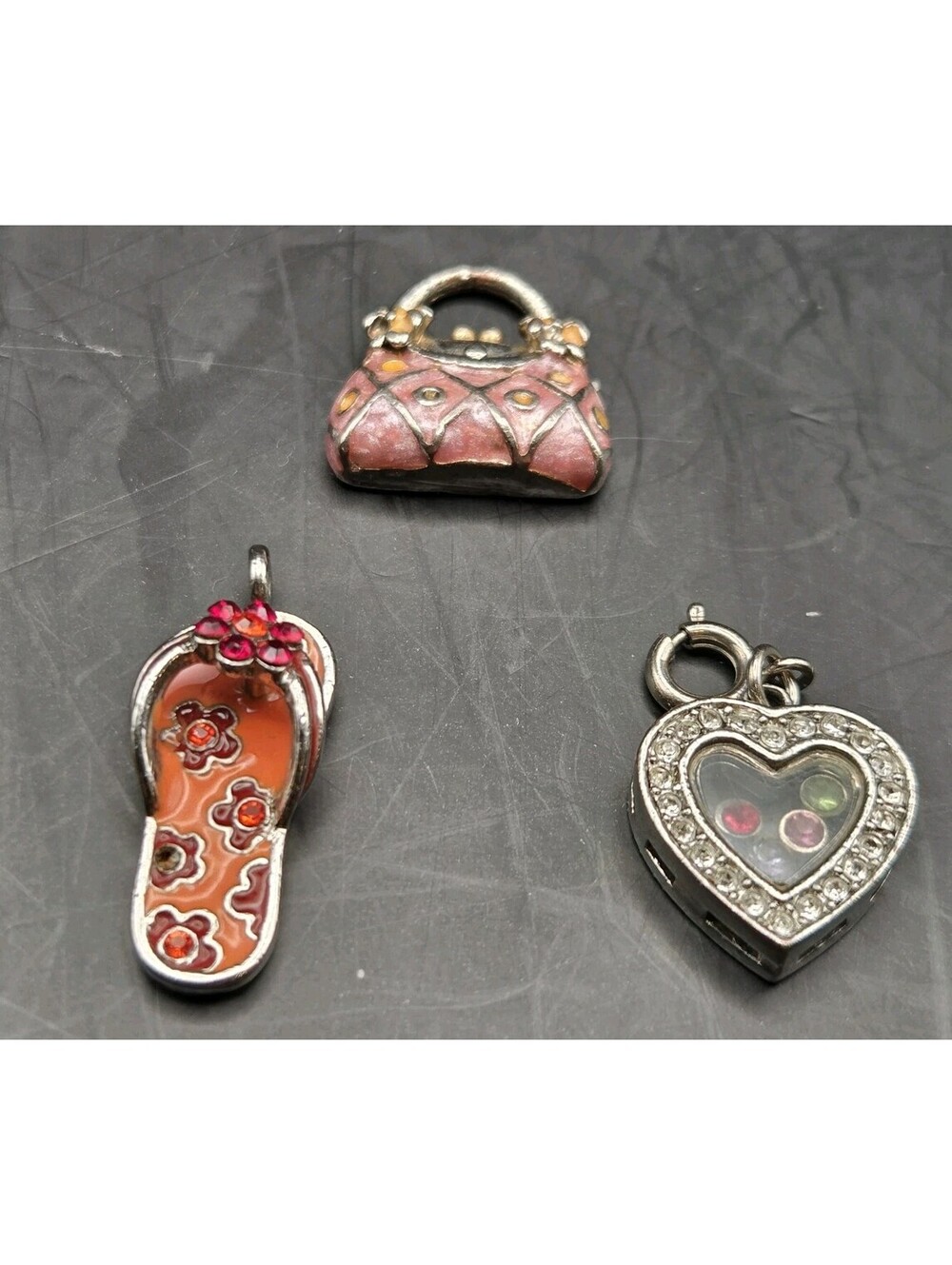 Silver Toned Charms Lot Of 3. Heart, Flip Flop, Pursre. Vintage Charms.